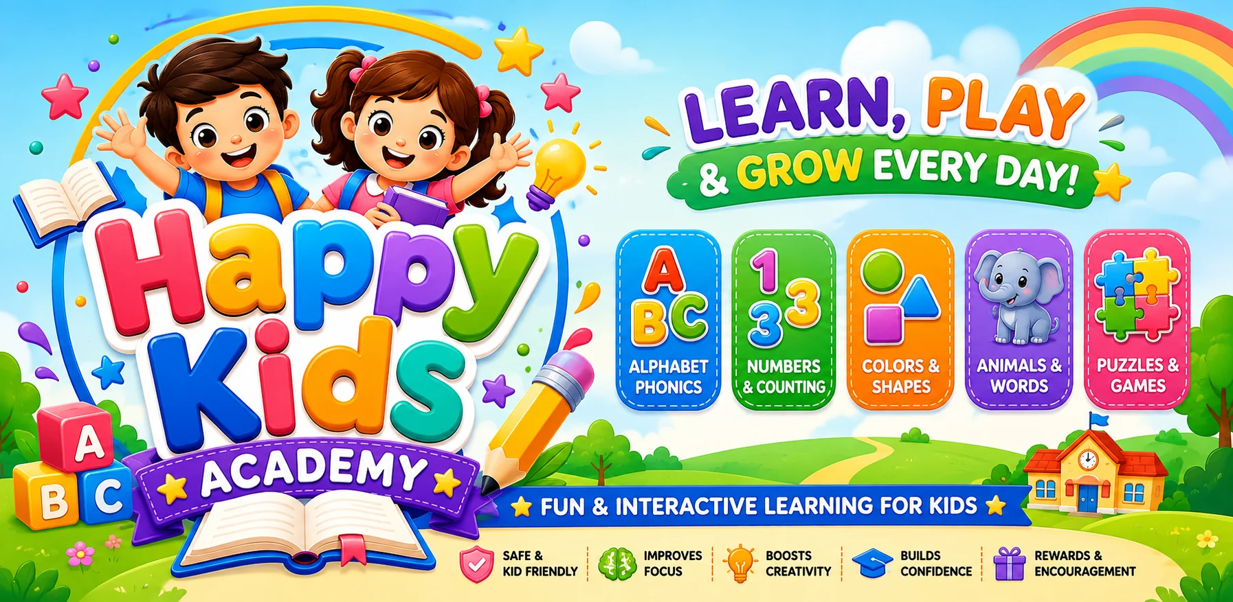 Happy Kids Academy — Learn, play and grow every day! Alphabet and phonics, numbers and counting, colors and shapes, animals and words, puzzles and games. Fun and interactive learning for kids.